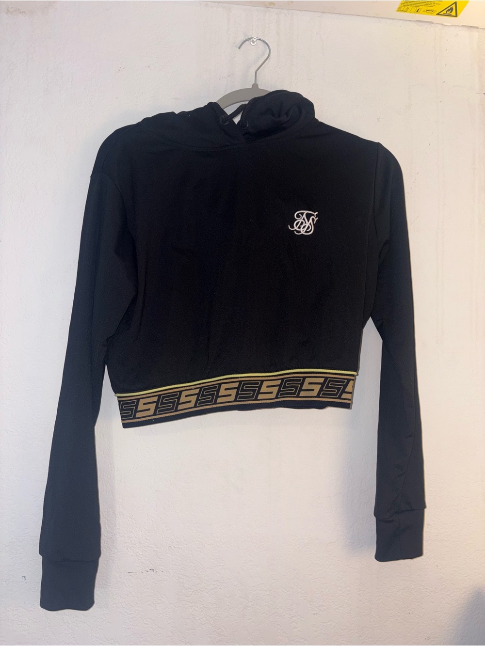 Black Cropped Hoodie with Gold Trim and Embroidered Logo